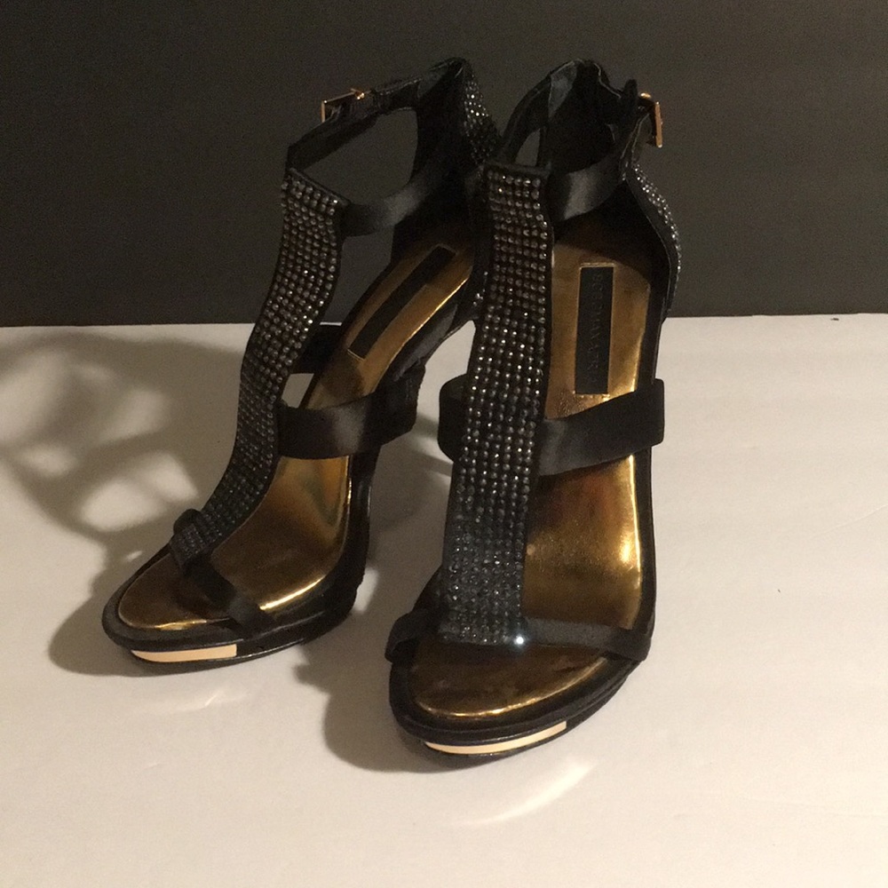 $250 BCBG MAX AZRIA Crystal Adorned High Heel Dress Stiletto Shoes Black Gold - Picture 3 of 6